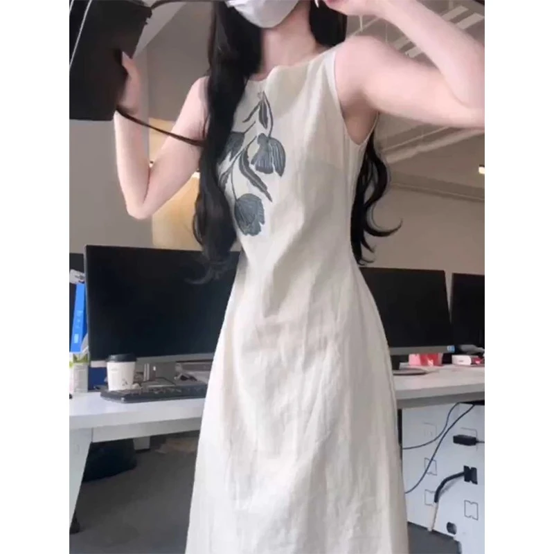 新中式女装气质复古印花连衣裙夏季小众设计慵懒度假风背心长裙子