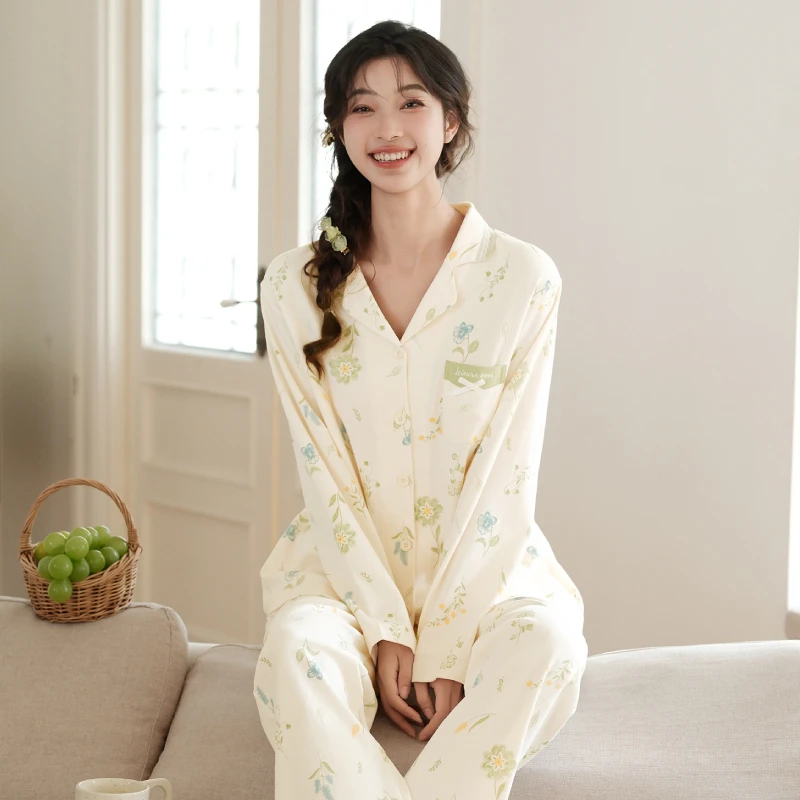 芬腾纯棉睡衣女款春秋翻领开衫长袖长裤植物女士秋季家居服套装