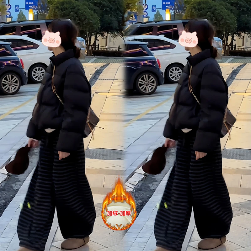 2025年冬季韩系穿搭一整套时尚百搭棉服面包服外套搭配条纹休闲裤