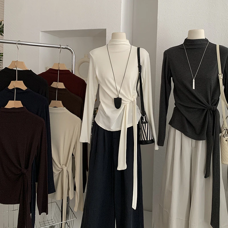 半高领系腰带显瘦长袖T恤女秋季新款设计感纯色修身上衣百搭小衫