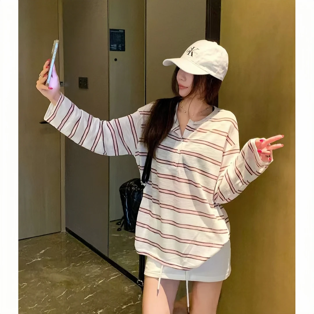 夏季薄款罩衫松弛感宽松慵懒条纹长袖防晒衣半开领休闲上衣