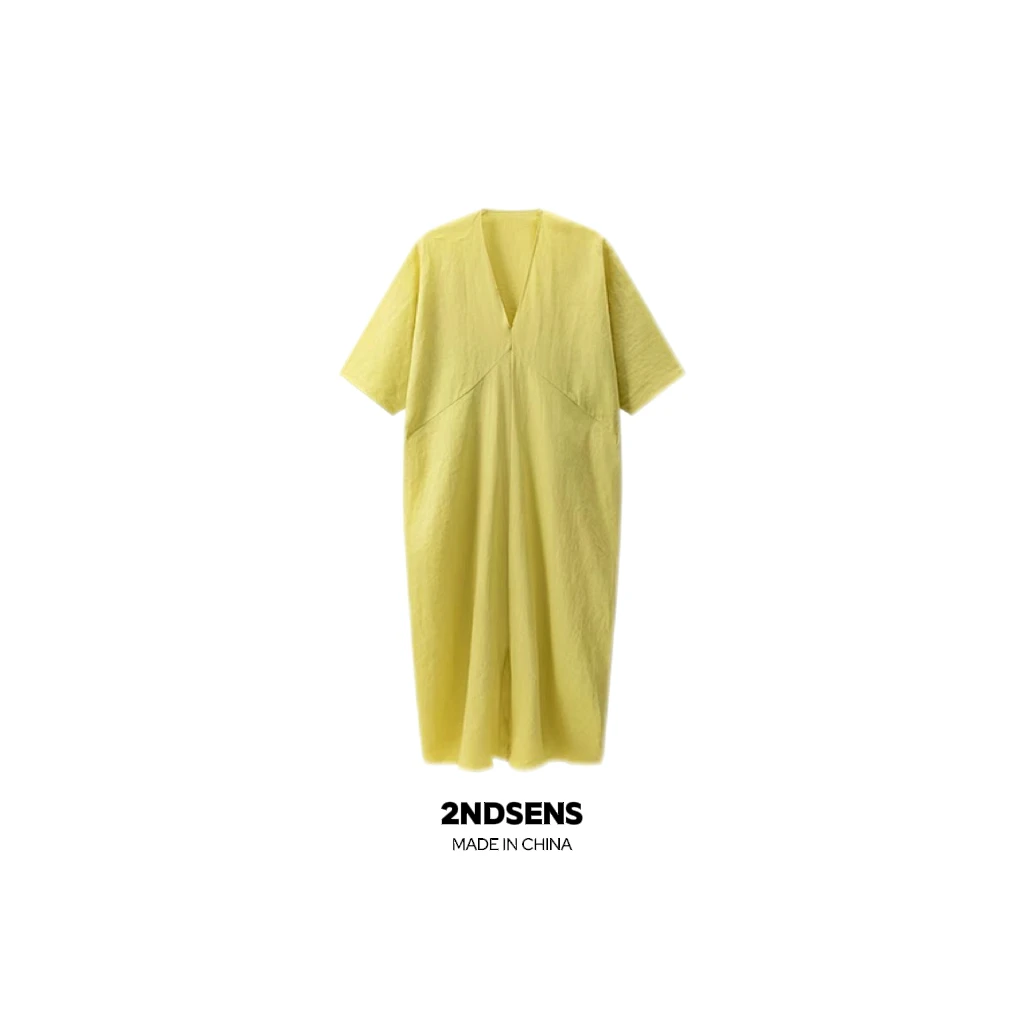 2NDSENS【松弛至简】立裁知性解构慵懒松弛茧型铃兰黄亚麻连衣裙