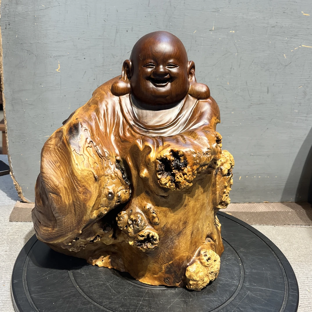 胡杨木弥勒佛随形根雕摆件
