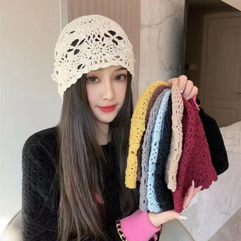 春夏薄款镂空手工女钩帽子编织包头针织帽春秋蕾丝网帽唯美毛线帽