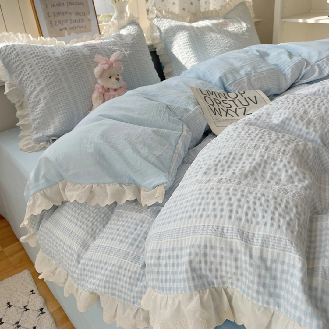 ins韩式水洗棉床上四件套2025新款公主风花边床单被罩三件套夏季4