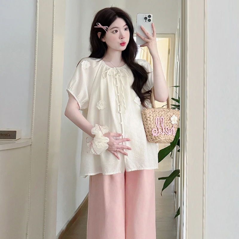【伊伊】孕妇装2025夏季新款时尚上衣法式宽松花朵仙气短袖娃娃衫