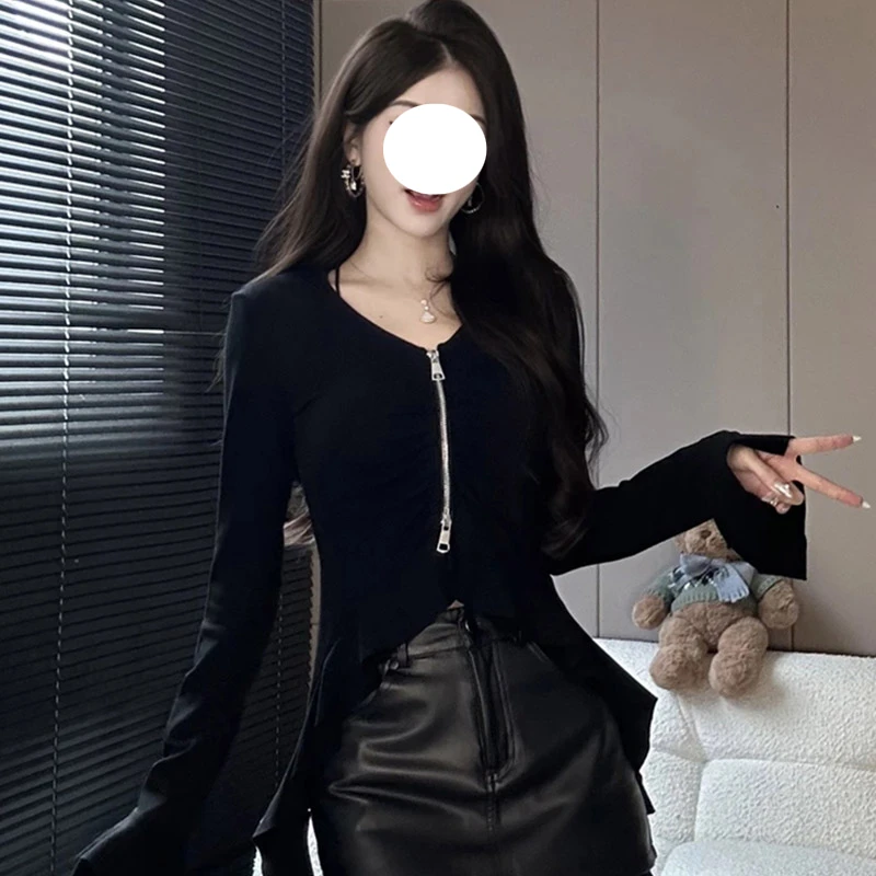 纯欲性感拉链V领褶皱长袖T恤女秋季新款修身显瘦高级感荷叶边上衣