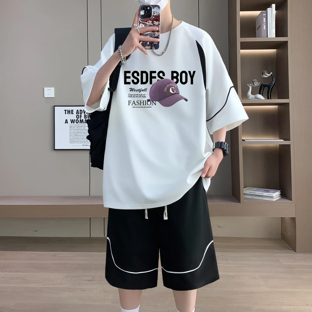 夏季男生青少年15-18岁学生港风短袖短裤套装韩版宽松大两件套