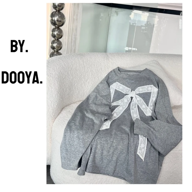 DOOYA 082701 蕾丝蝴蝶结灰长袖T恤