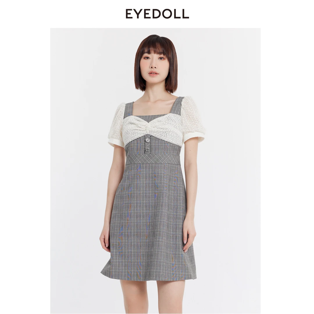 EYEDOLL【商场同款】24夏季新款法式优雅格子拼接蕾丝短款连衣裙