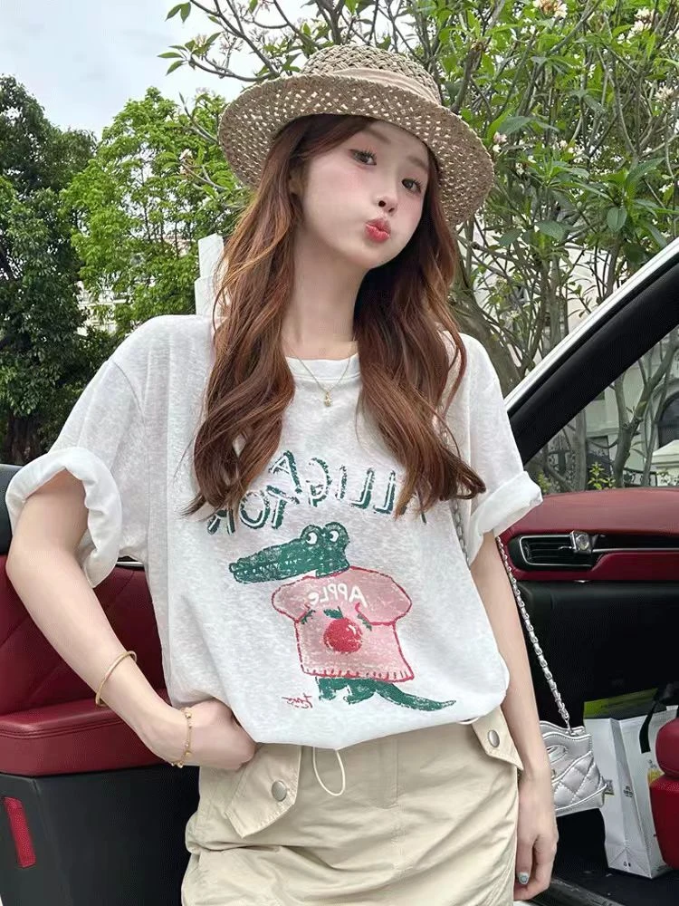 【1号链接X001-X150】女亚麻宽松常规款t恤雪花棉数码喷墨图案短袖