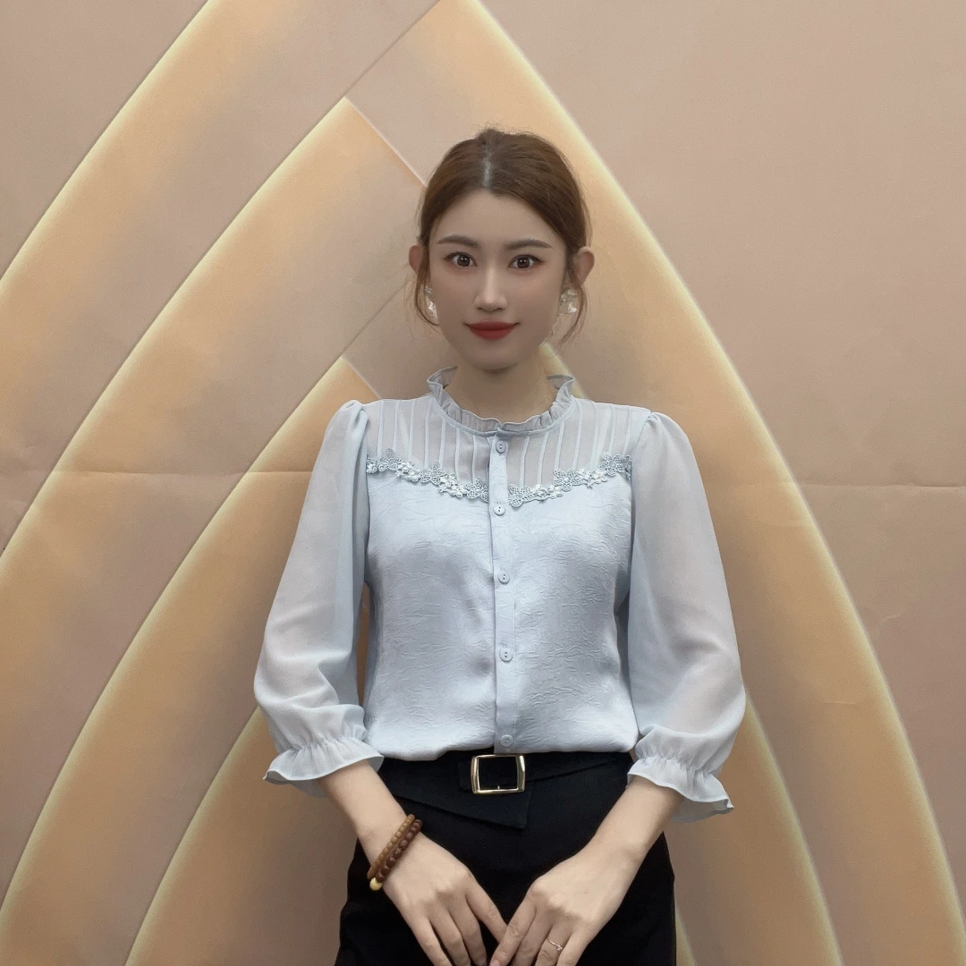 2025春季新款女装时尚靓丽洋气显瘦气质减龄七分袖纯色开衫衬衫