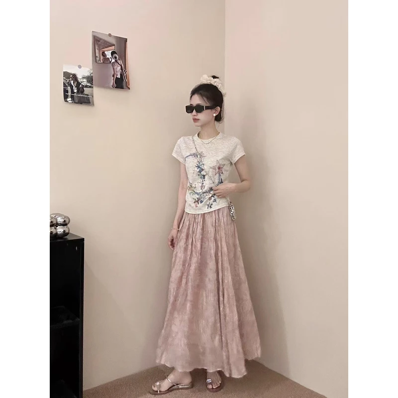 韩系温柔气质压褶松紧腰半身裙88008  裙长86