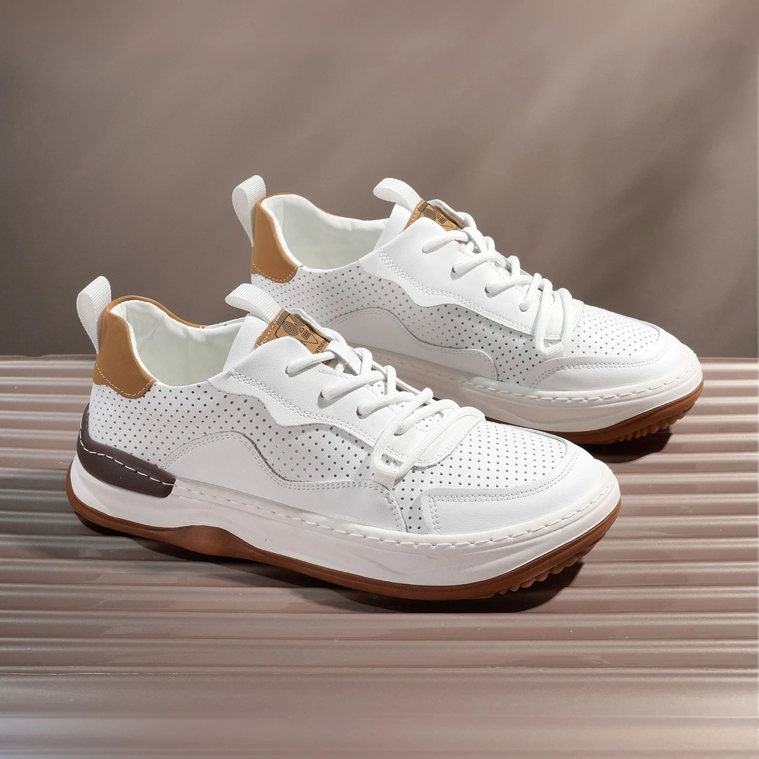 真皮牛皮皮鞋纯色鞋子透气圆头潮鞋系带休闲鞋夏季复古洞洞鞋潮流