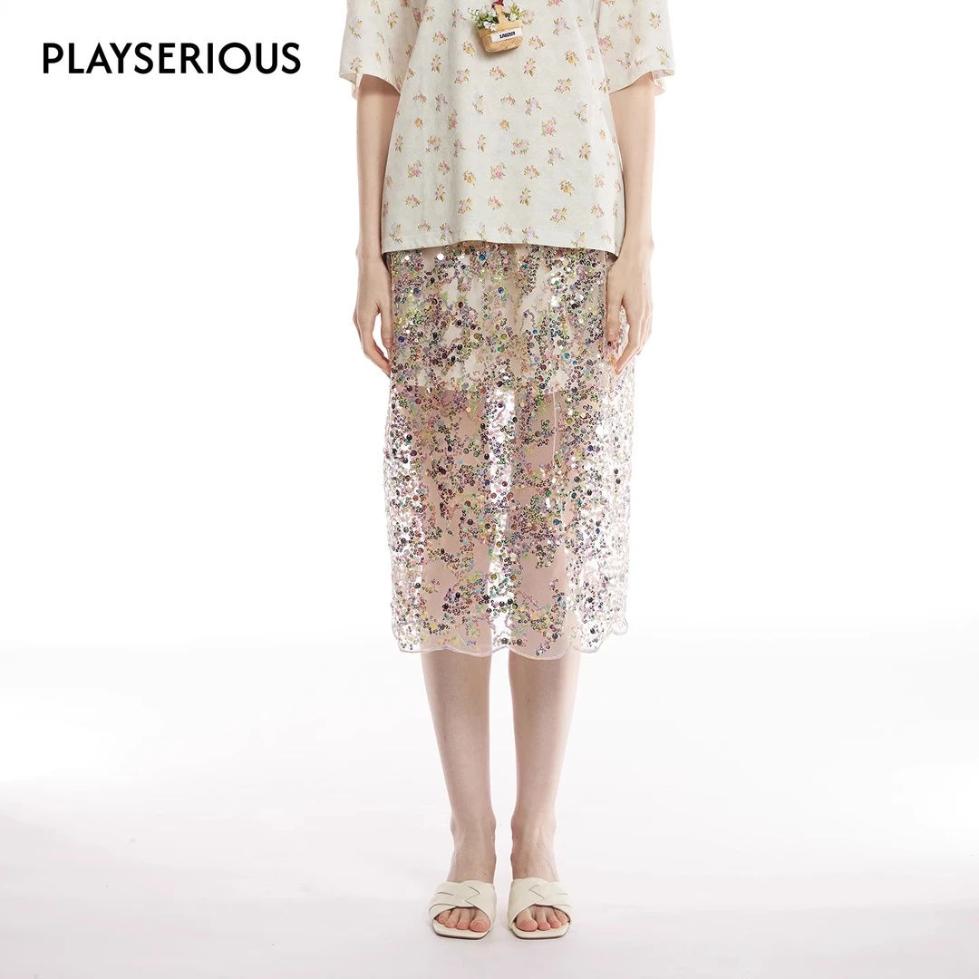 PlaySERIOUSLACERTA25夏新款碎花珠片中长裙高级感裙子女半身裙