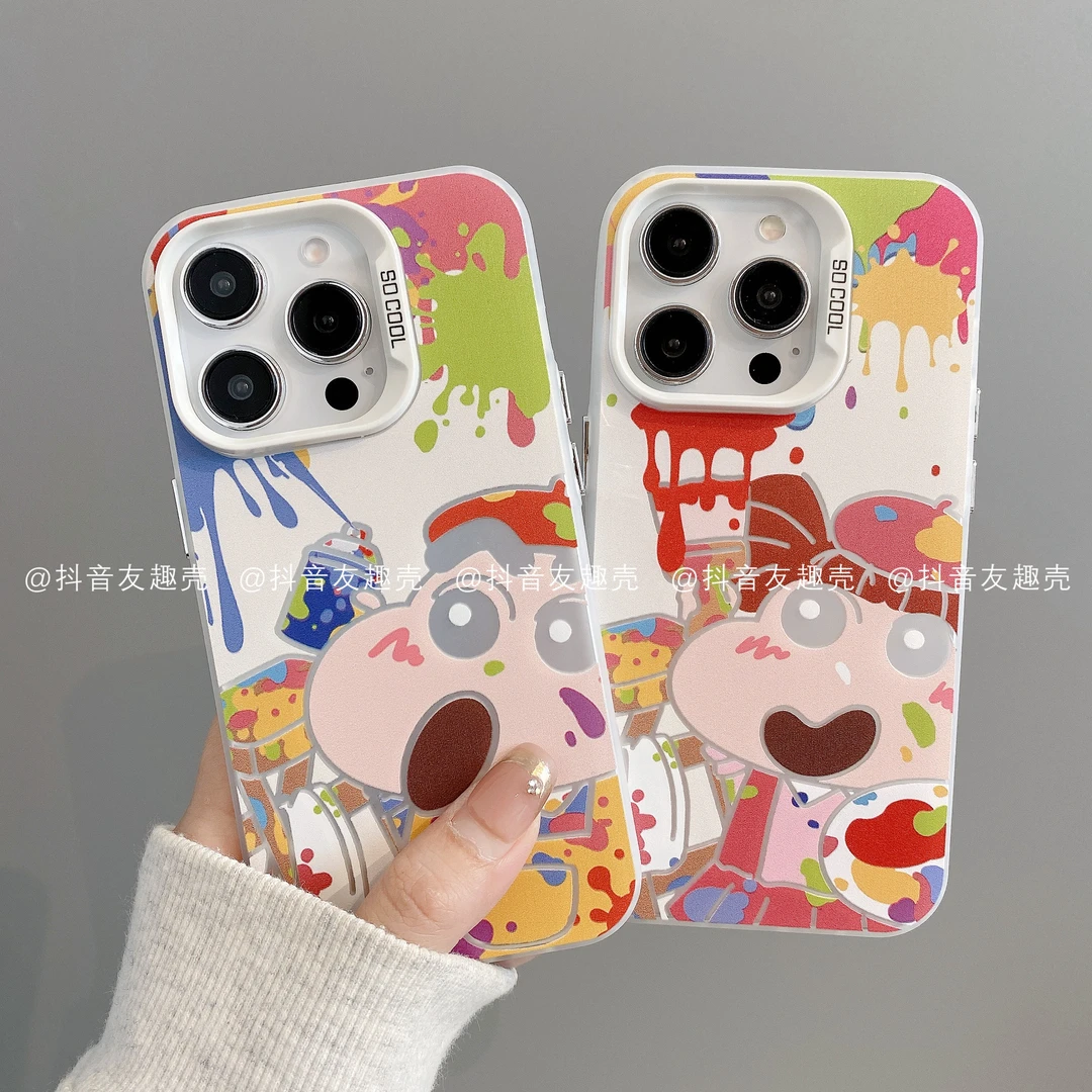 适用于苹果16华为vivo小米oppo荣耀磨砂彩银手机壳妮妮小新创意潮