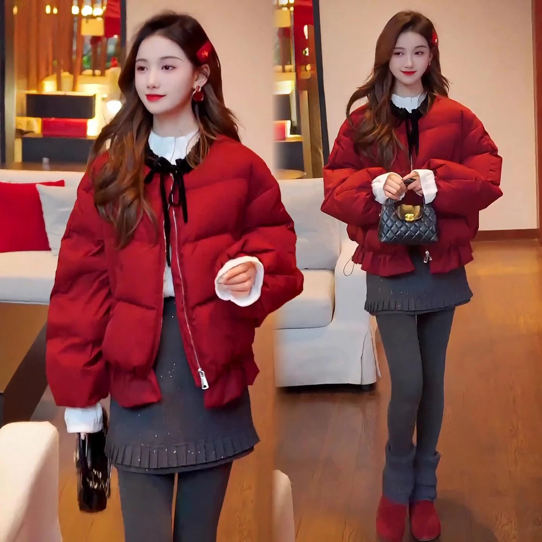 2025冬季新款时尚撞色棉服女荷叶边短款宽松棉袄百搭保暖棉衣外套