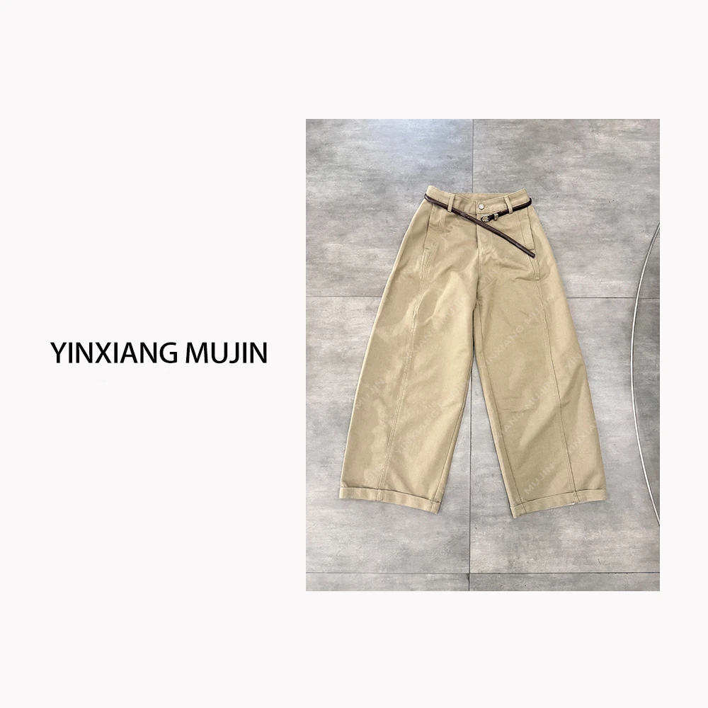 【YINXIANG MUJIN】高智感牛仔裤 设计师秋季宽松百搭卡其色女长裤