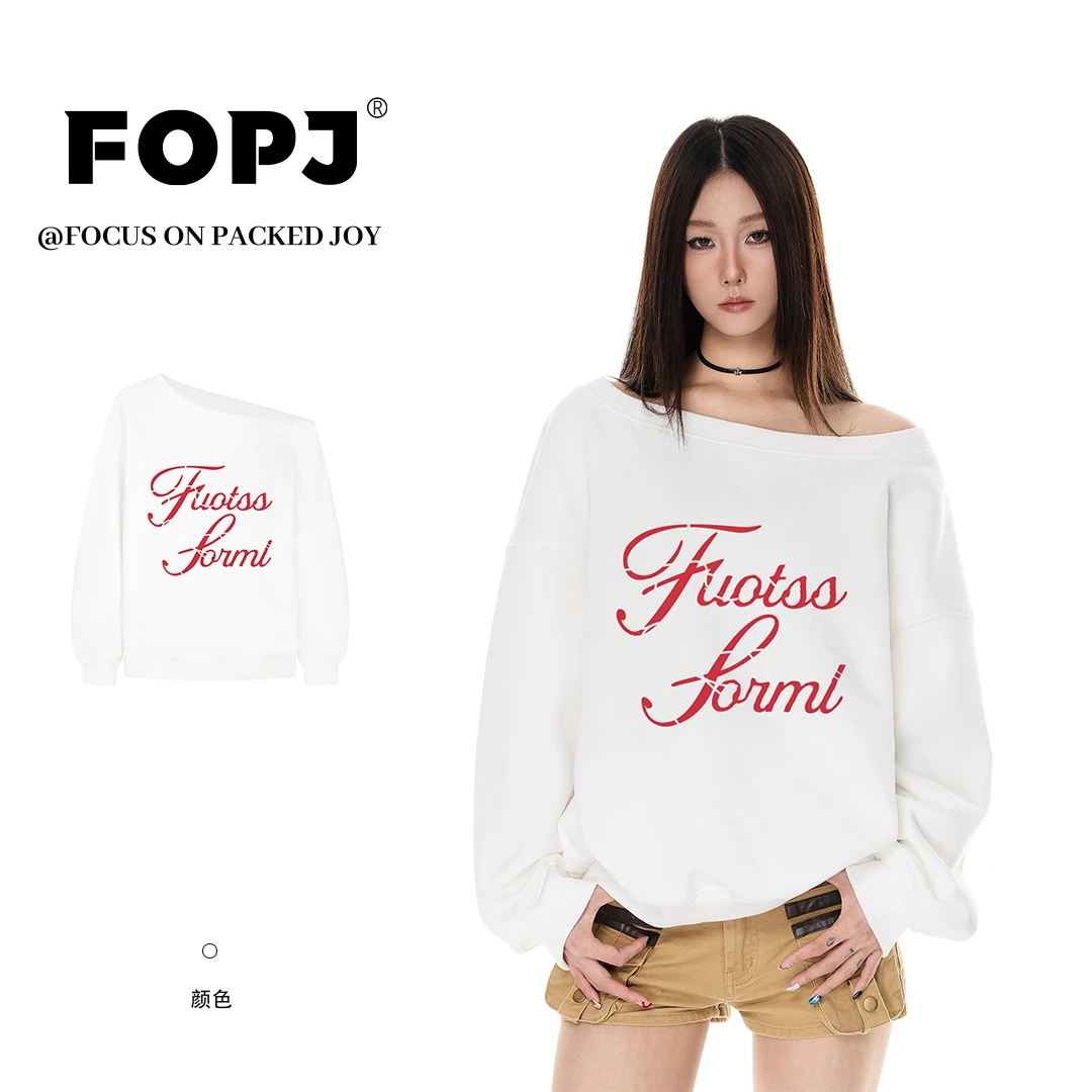 FOPJ美式辣妹斜肩设计感长袖T恤女早秋新款宽松慵懒风百搭卫衣ins