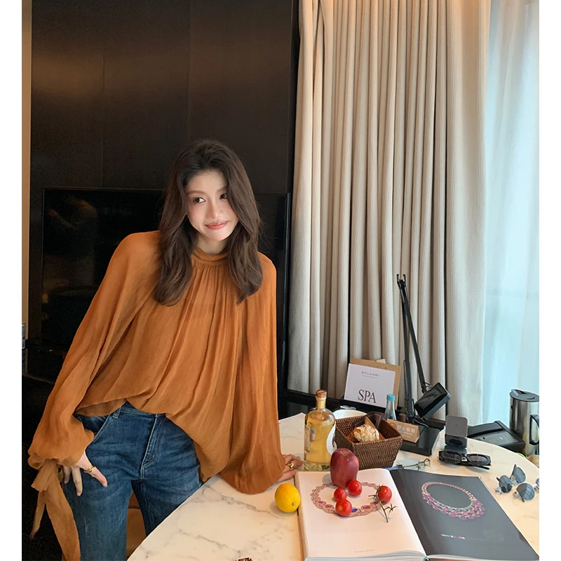 【ALONE SAVOR】龍喜儿 余晖 温柔风半高领抽褶绑带小衫Z901