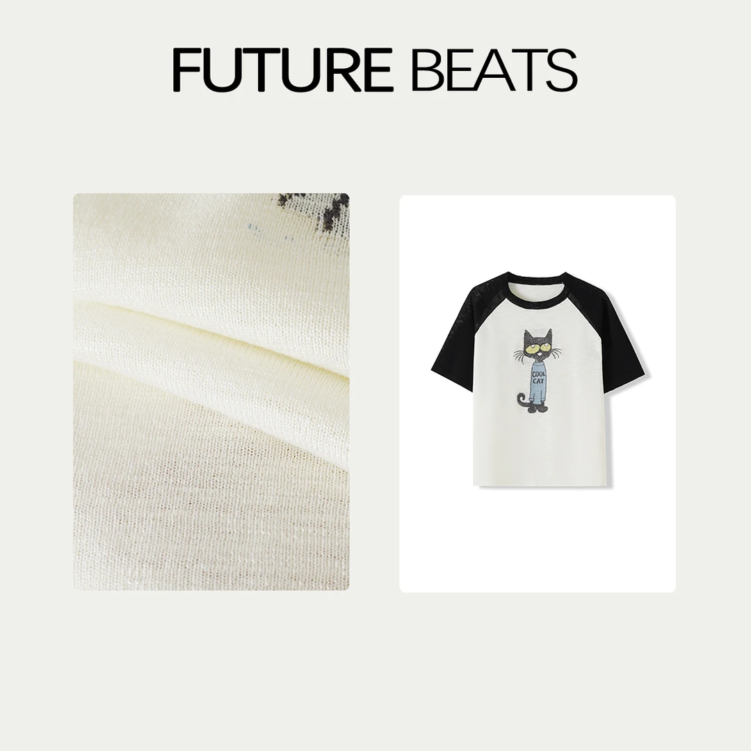 FUTURE BEATS小猫印花插肩袖黑白宽松短袖T恤PKY67070