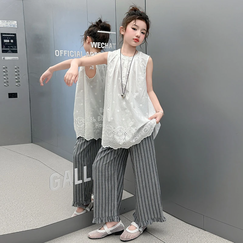 女童无袖上衣直筒裤套装2025儿童韩系宽松钩花T恤条纹宽松阔腿裤