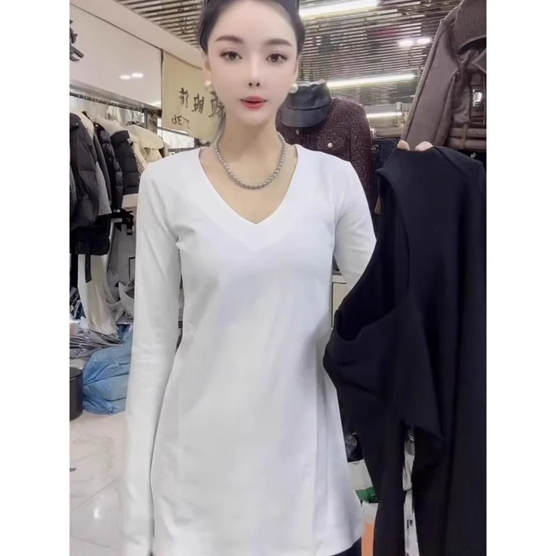 春秋季新款中长款V领长袖t恤女收腰显瘦百搭休闲打底衫纯色上衣女