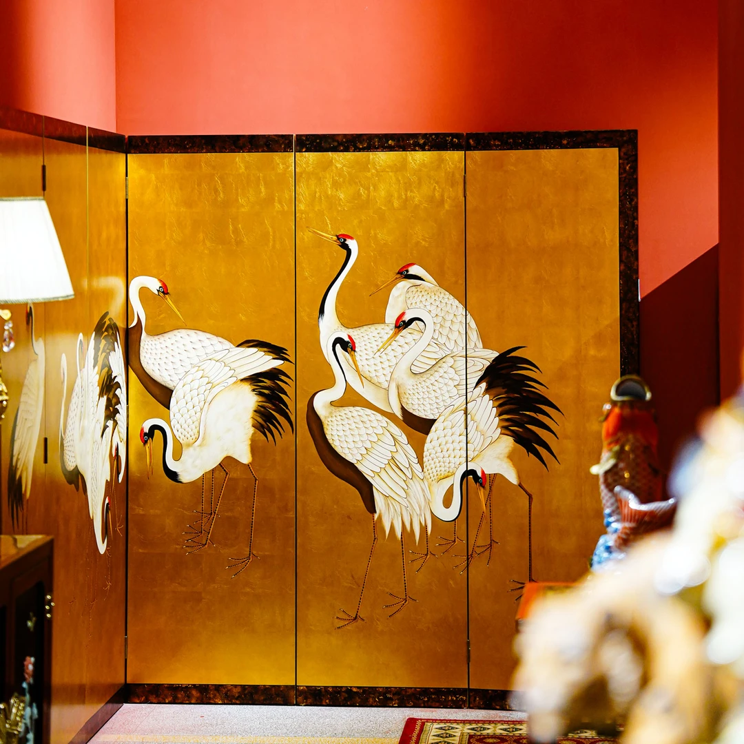 【本尼家】PF18新中式仙鹤手绘金箔屏风漆画客厅隔断茶室背景折屏