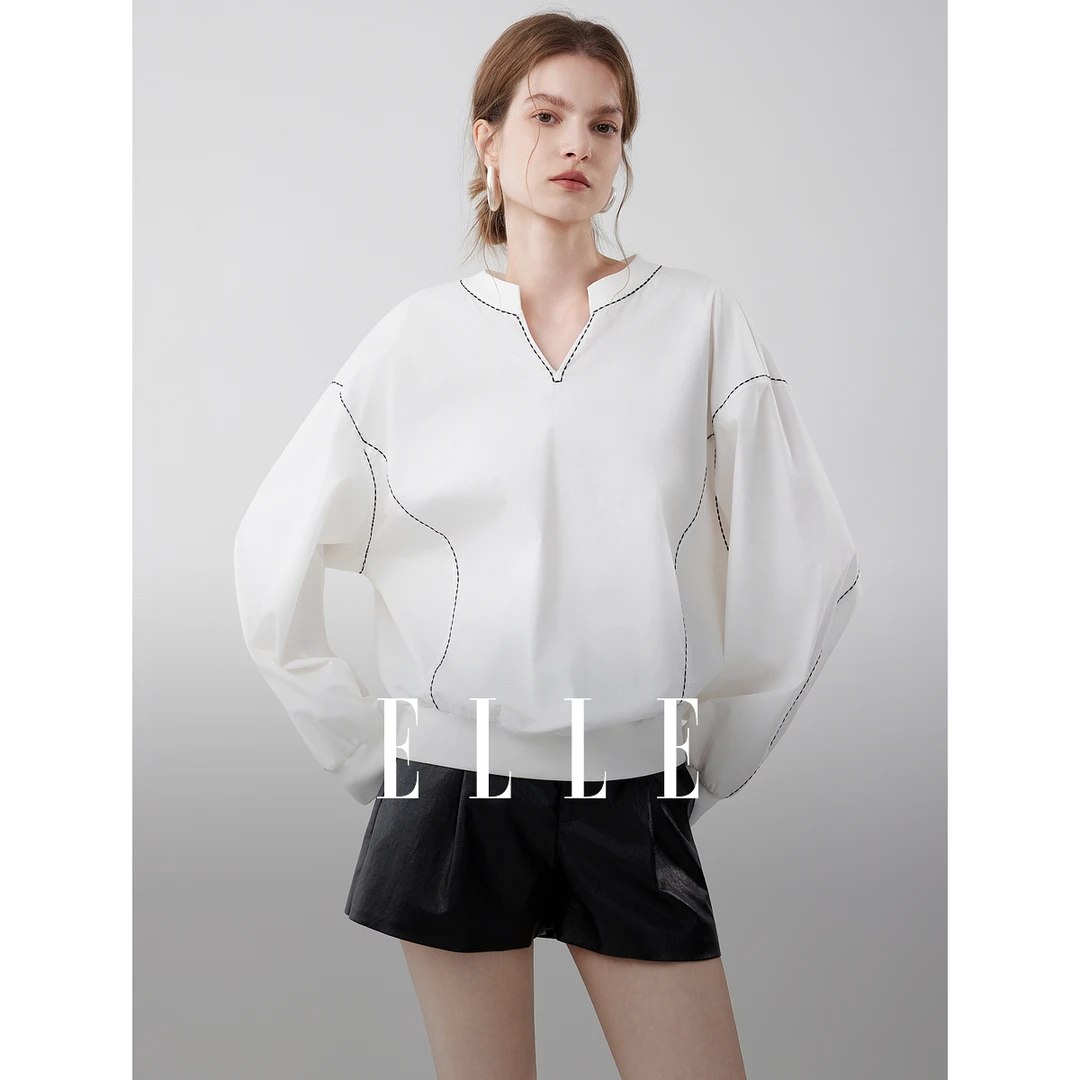 ELLE女装白色V领撞色衬衫2025秋新款优雅宽松通勤时髦上衣EM52838