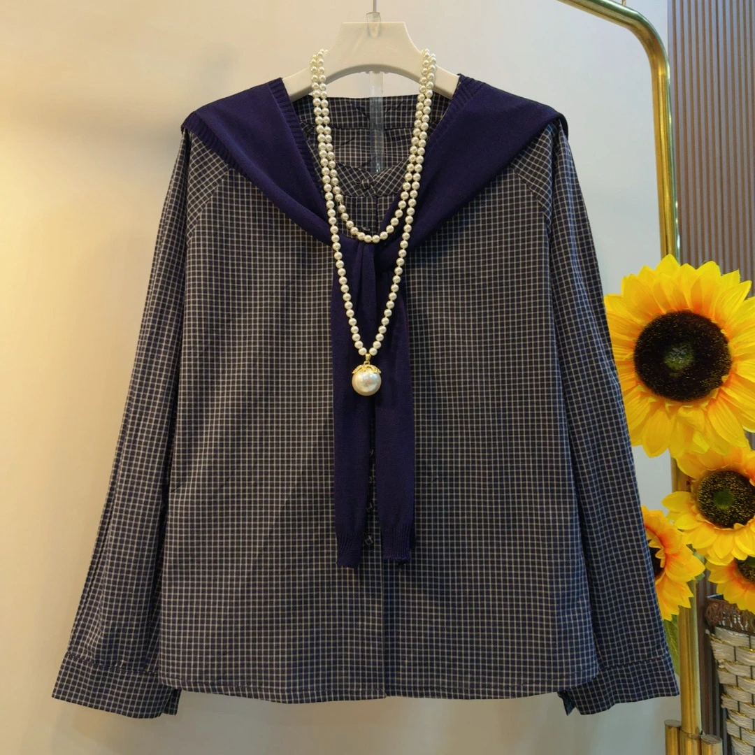 秋季新款格子衬衫披肩减龄洋气两件套