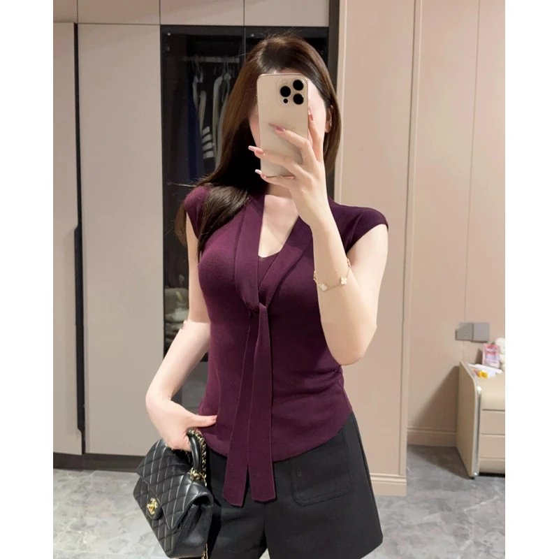 紫色V领挂脖飘带冰丝针织短袖T恤女夏季老钱风松弛感女装短款上衣