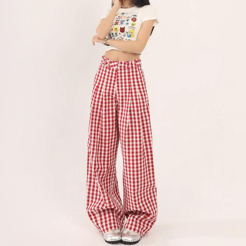 美式红色格子阔腿休闲裤女2025秋季薄款高腰宽松显瘦垂感直筒裤子