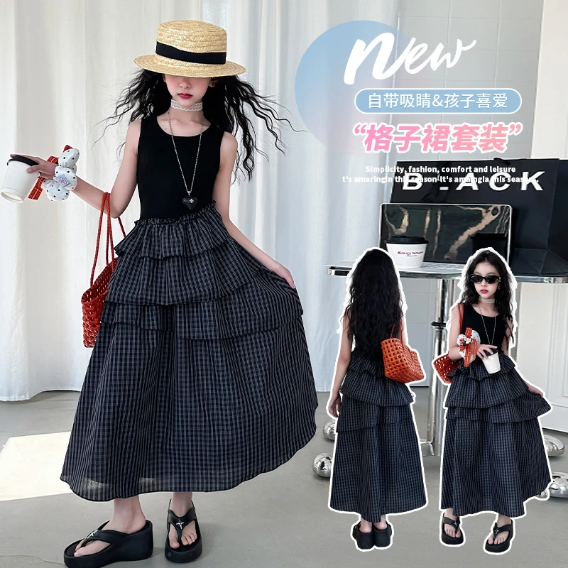 赫本风黑色背心连衣裙女童夏款新款荷叶边拼接不规则气质显瘦长裙