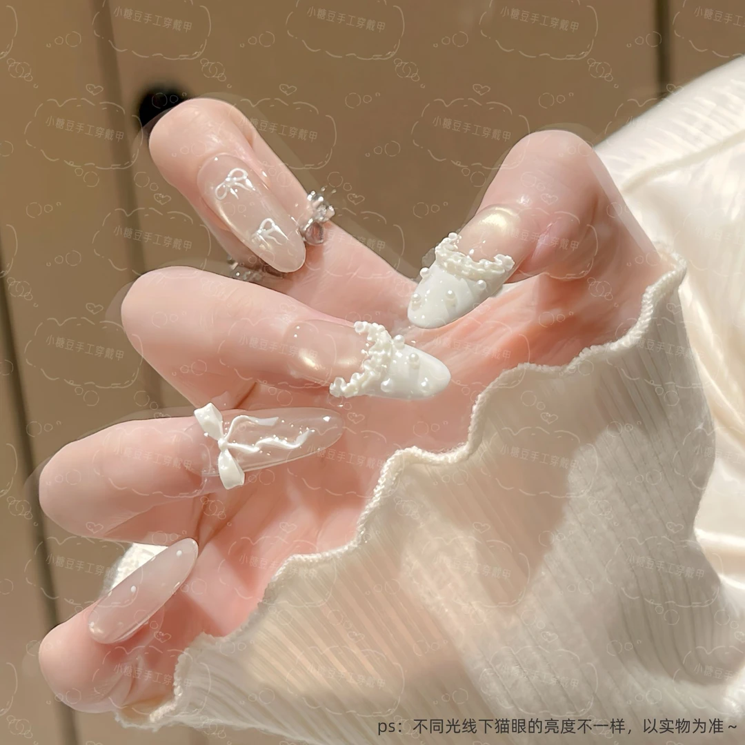 【仙度瑞拉】芭蕾手工穿戴甲高级感小清新法式蝴蝶结拆卸美甲10片装