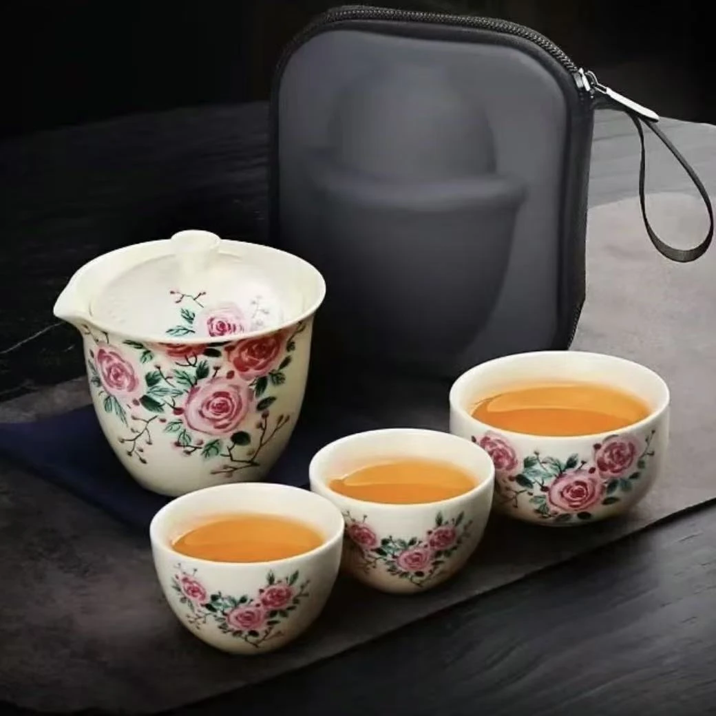 Y5951-亚光黄粉玫瑰造型旅行快客便携旅游旅行茶具便携式