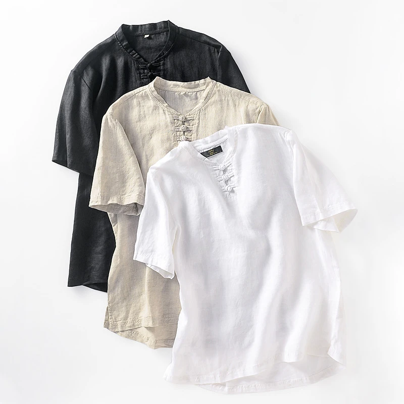 国风亚麻男装 复古盘扣亚麻T恤 中式小立领套头麻短袖 B009