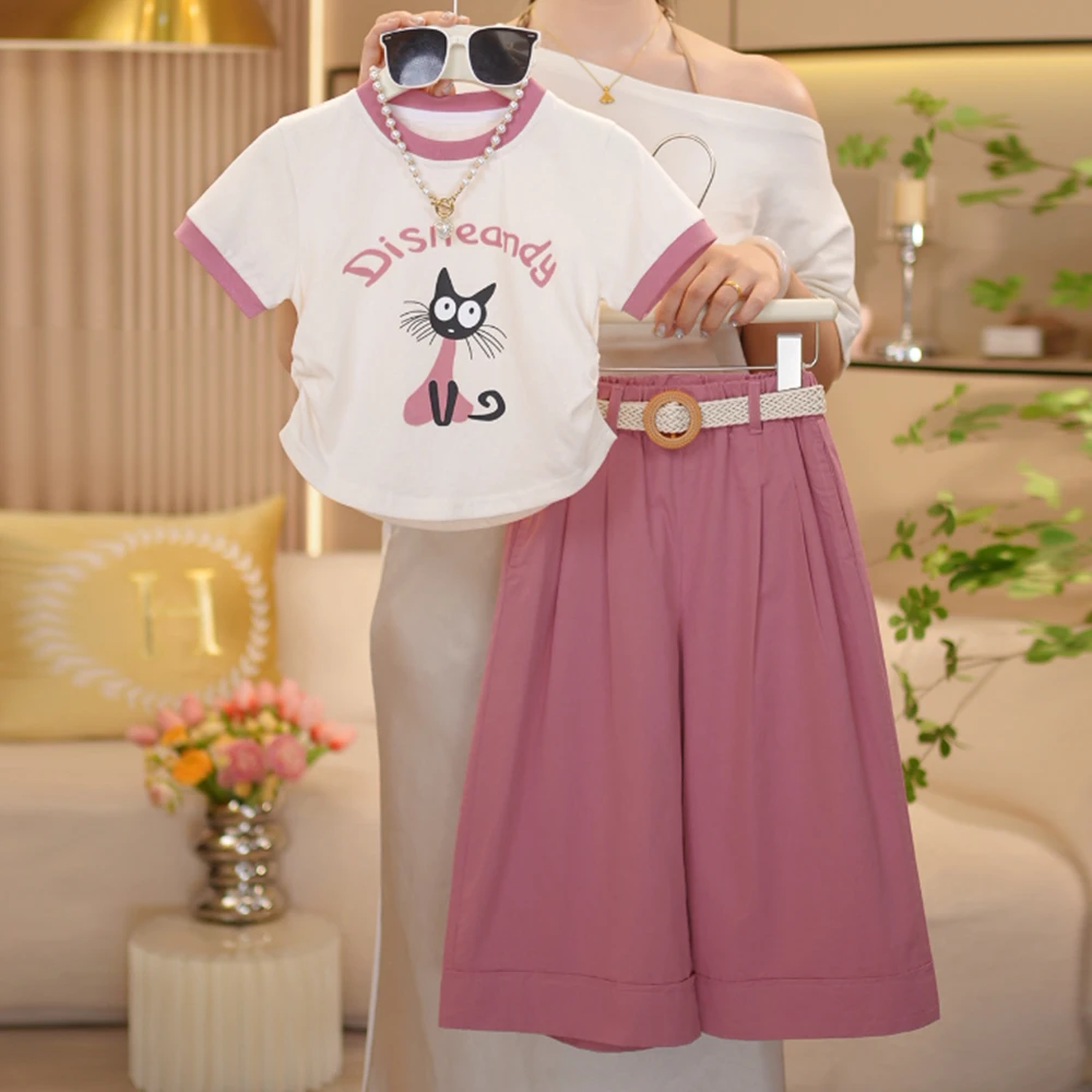 女童2025夏季新款时尚卡通短袖T恤阔腿裤玫粉色套装-8446