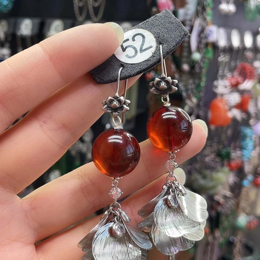 紫***地琥珀银S925镶嵌耳饰699hnhgj