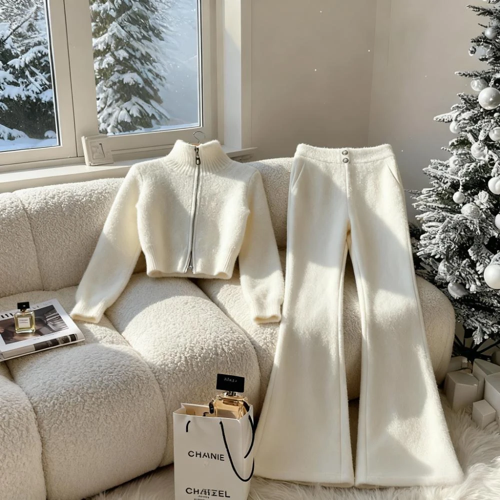 一整套冬季穿搭小个子高端独特超好看小香风白色毛衣裤子休闲套装