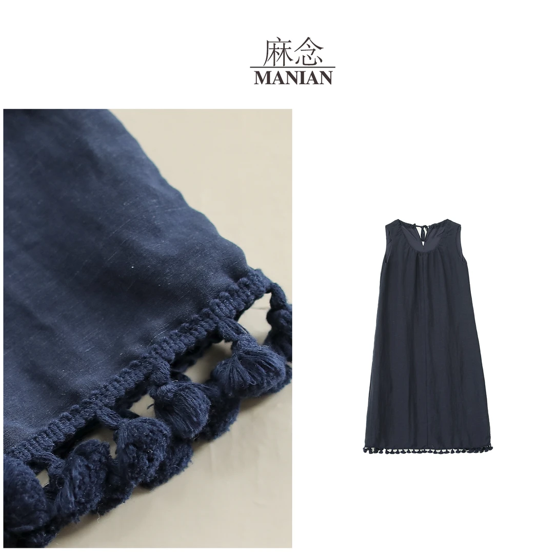 【麻念】裙长116 6%亚麻夏季时尚圆领无袖气质连衣裙女M825