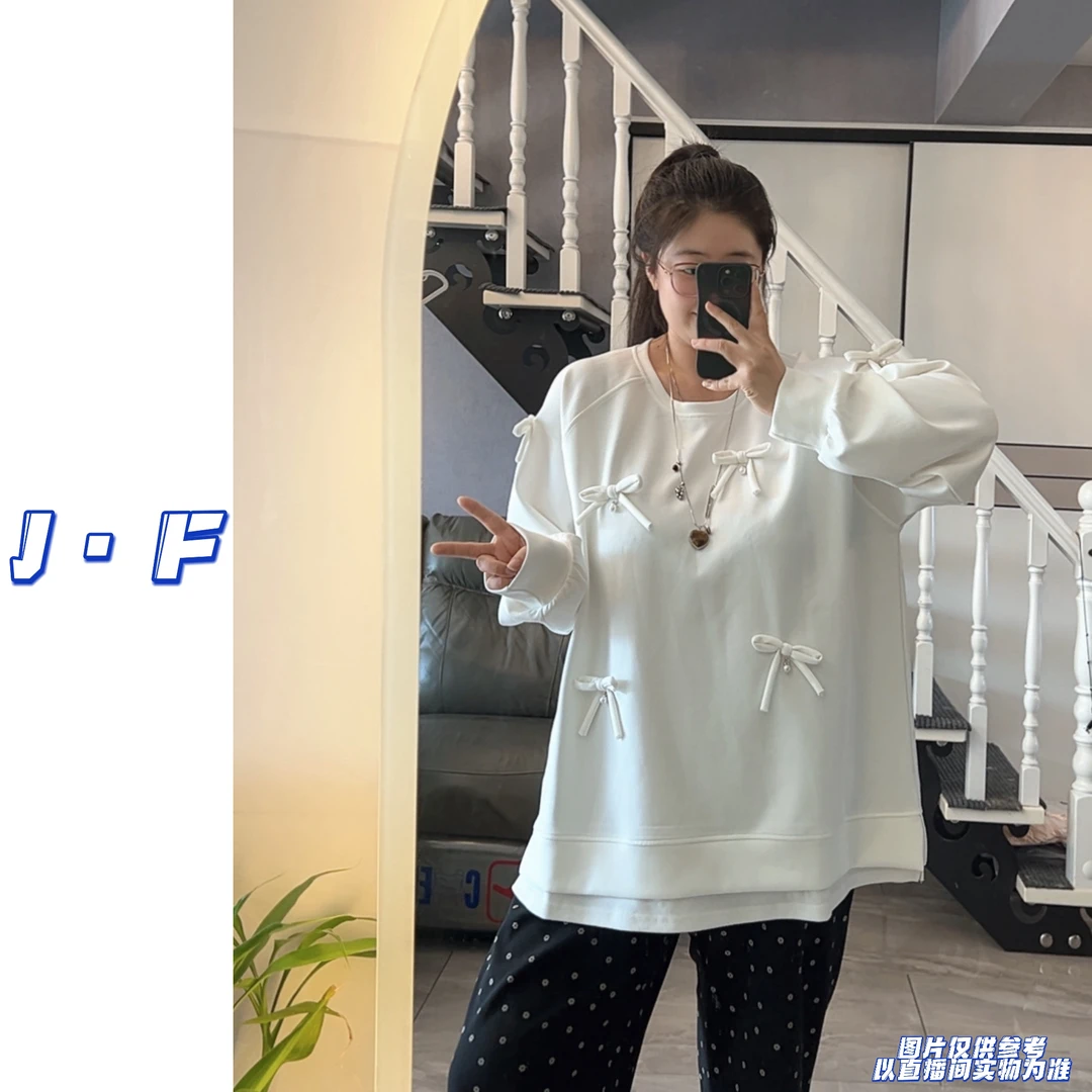 JF定制大码女装9021圆领ins风蝴蝶结拼接假两件加肥250斤长袖卫衣