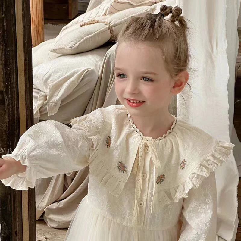 高货提花翻领绣花米色蓬纱娃娃裙舒适日常棉布裙26060