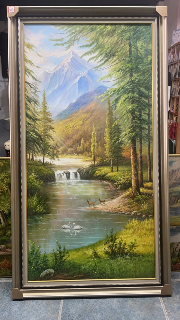 油画小鹿聚宝盆山水风景高山流水客厅玄关装饰挂画80×160