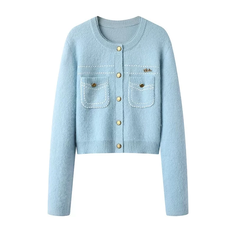 8138设计师蓝色调毛衣开衫女2024冬季气质百搭针织上衣服