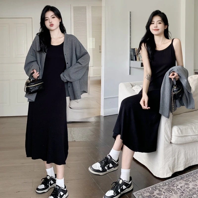 早春穿搭套装女2025大码胖mm高级感韩系开衫外套吊带连衣裙两件套