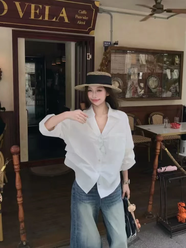 韩版时尚翻领白色收腰设计感别致衬衫女新款衬衣5808