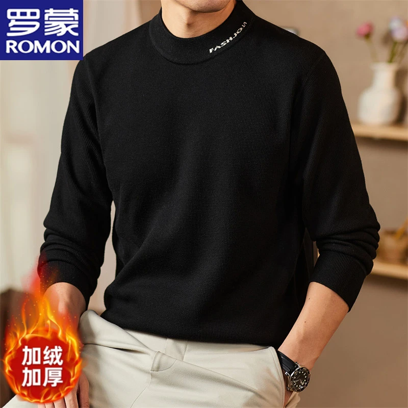 罗蒙韩版男士半高圆领毛衣针织衫冬季加绒加厚保暖刺绣休闲打底衫