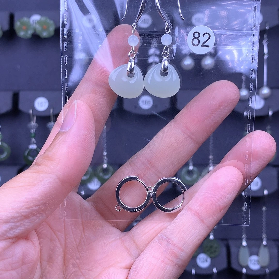 和田玉银S925镶嵌耳饰胡*