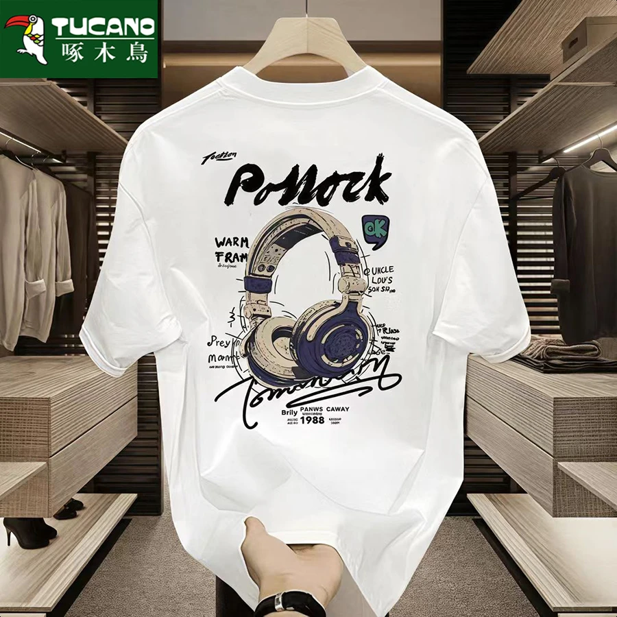 啄木鸟夏季男士纯棉短袖t恤宽松印花印花休闲时尚韩版全面半袖男