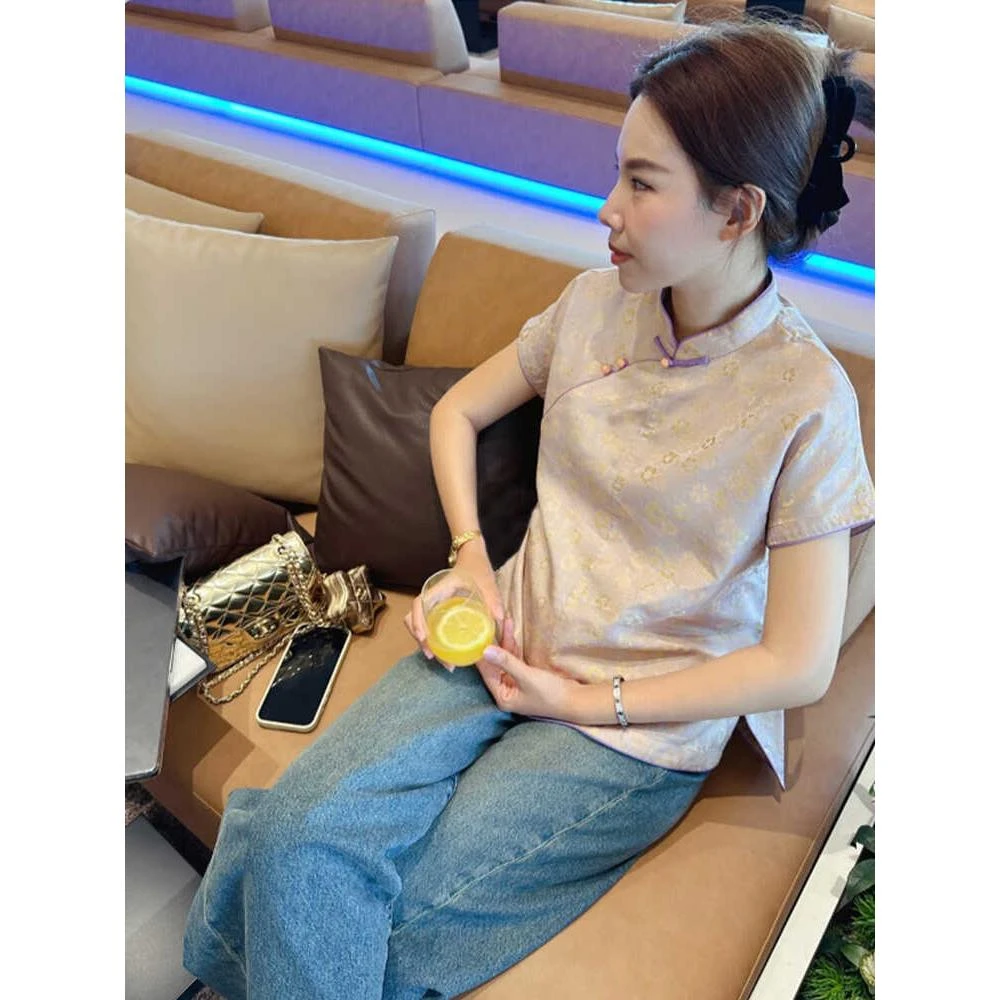 新中式国风宋锦上衣女2025新款夏季别致绝美漂亮高端唐装短袖衬衫